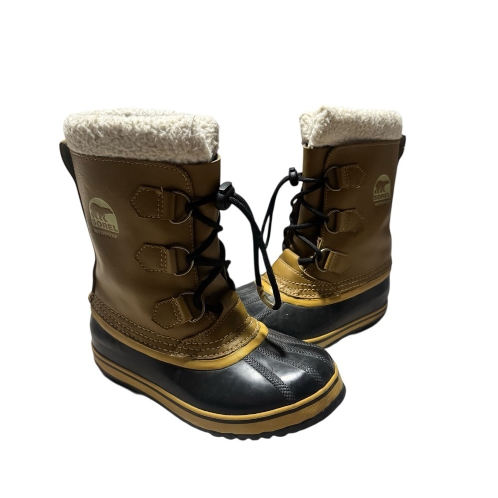 Sorel Caribou Snow Boots Insulated Waterproof Winter Tan Blaack Youth Size 2